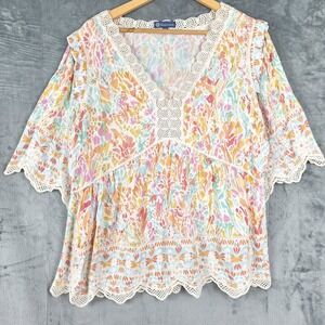 Womens Top PXL Floral Crochet Boho Peasant Babydoll Cottagecore Artsy Ruffle NWT